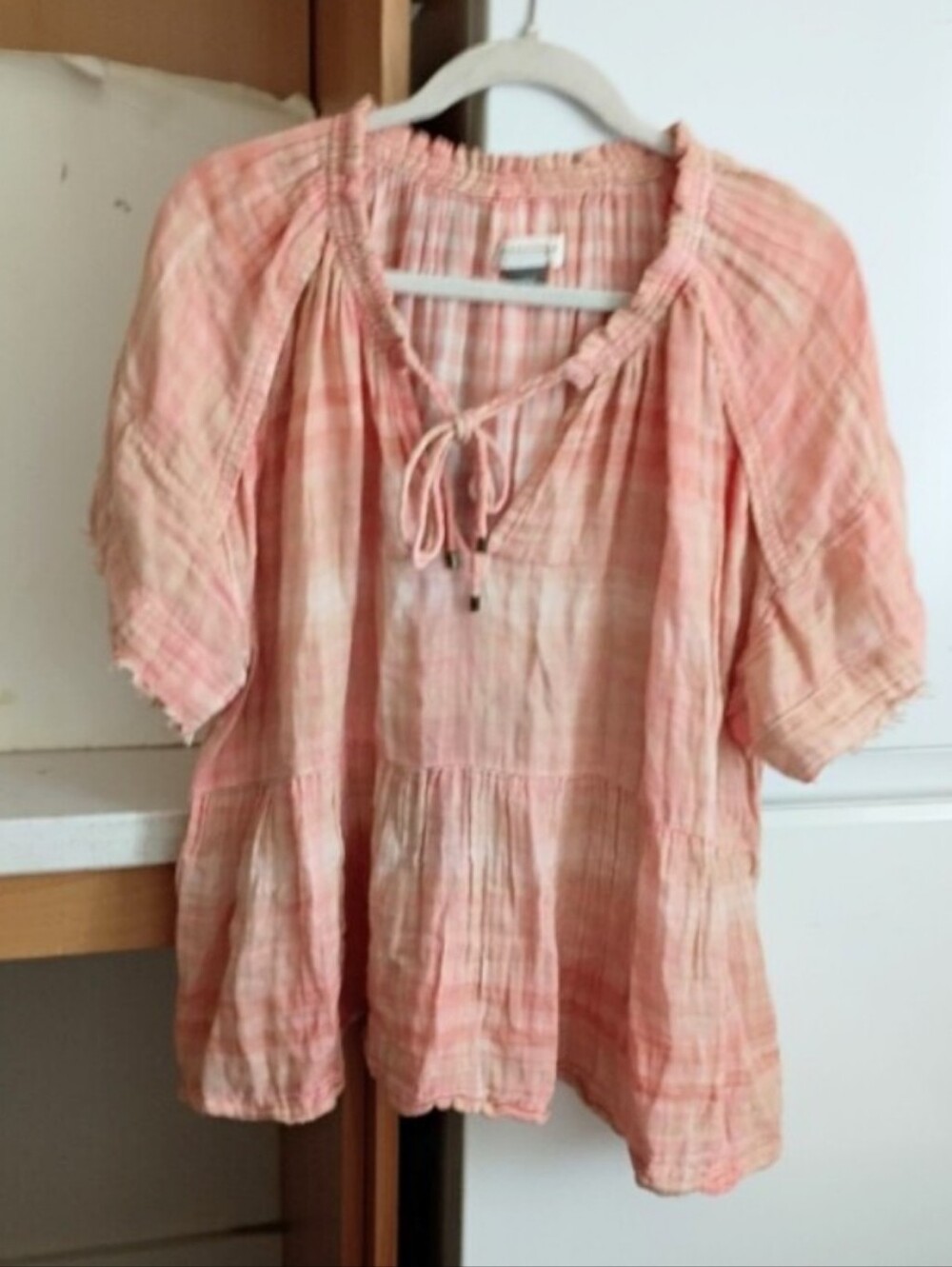 Pilcro Anthropologie Bette Babydoll Plaid Crinkled Top Blouse sz L